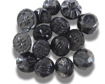 Tiny vintage black glass buttons (approx. 7–9 mm) with shank backs- Ideal for romantic or goth chokers,  old-fashioned crafts and more