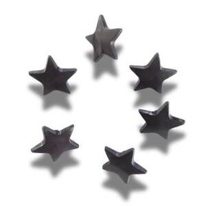 May include: Six dark grey star-shaped decorative objects arranged in a circular pattern. Each star has five points and appears to be made of a solid material. The stars cast subtle shadows on the white background.