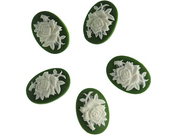 Oval green Fancy Buttons, Lot of 5 with Rose White Flowers. For Sewing on Crafts, Jewelry or fancy decor. Gifts ideas for adult crafters