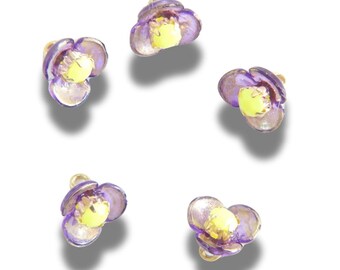 Tiny purple and gold jeweled buttons with yellow rhinestone centers—8 mm, set of 5, handmade in Canada. For jewelry, sewing, orDIY crafts.