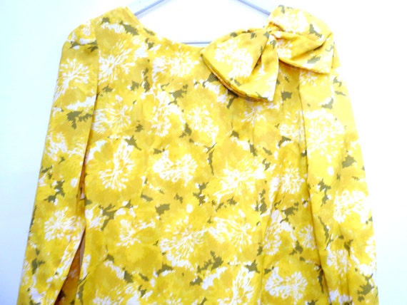 BIG BOW DRESS sunday dress garden party yellow floral bow neck sixties summer formal prom with sleeves large wedding guest elegant