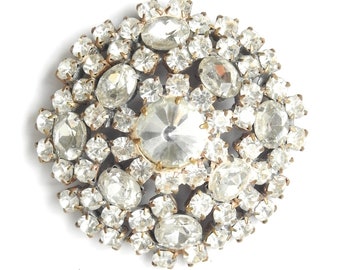Vintage Rhinestone Glass Brooch - 50mm Large Round Diamanté Pin - Antique Diamond crystals Design - Perfect for Scarves, Coats, Collars