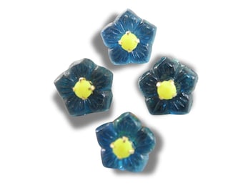 Teal blue flower-shaped buttons with vintage cabochons for sewing and decorating cute upcycled projects. Set of 4, 10 mm, Handmade in Canada