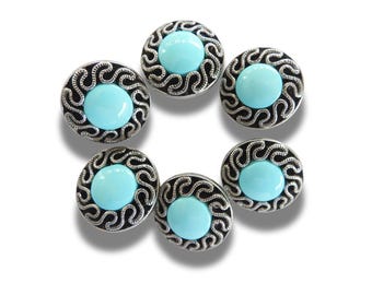 Set of 6 Vintage 80s Turquoise Blue Fancy Buttons – 25mm Resin & Silver Shank, Perfect for Sewing, DIY, Jewelry, and Upcycling Projects