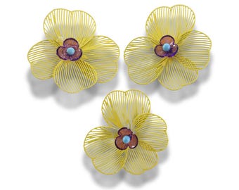 Lightweight flower buttons with large yellow metal petals. For crafts, decor, hats, tutus, and accessories. Handmade, set of 3, 38 mm