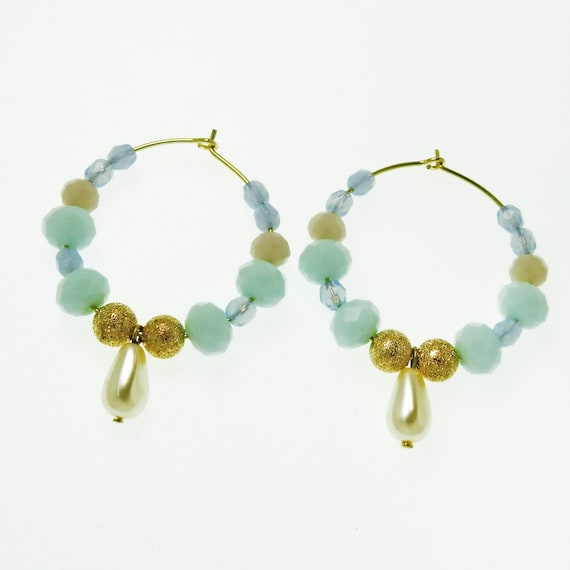 Pastel blue beaded hoop earrings