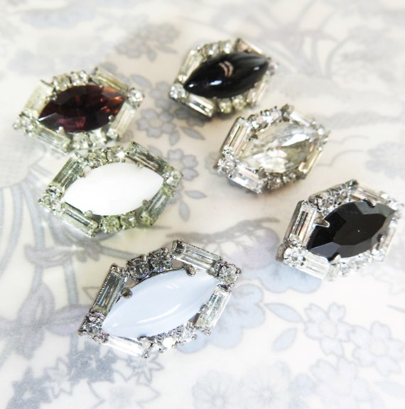 Vintage crystal buttons lot, made from antique Czech glass, with shank, lozenge, classy, black and white, for sewing on fancy accessories