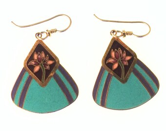 Laurel Burch vintage earrings for women - 1970s jewelry, signed - Genuine designer earrings - Water Lily Lotus design, Teal Purple Gold.