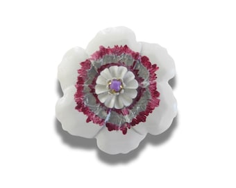 Handmade oversized white flower button with matte rhinestone center. 45 mm, lightweight, perfect for hats, belts, crafts & floral décor.
