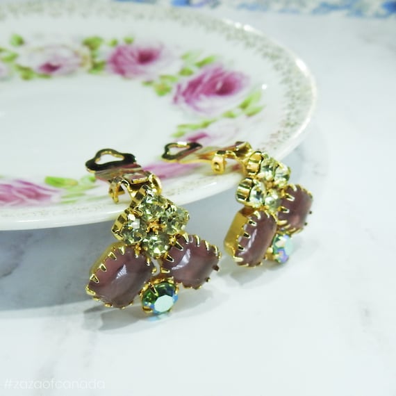Pink purple clip on earrings with aurora borealis