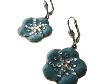 Enchanting 40mm Drop Blue Flower Earrings - A Vintage Boho Statement - Vintage floral dangle earrings -  Gift for her