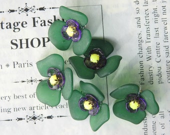 Unique Handmade Decorative Flower-Shaped Buttons for Sewing & Jewelry Making - Forest Green, Milky Transparent, Purple Beads. Set of 5, 1 in