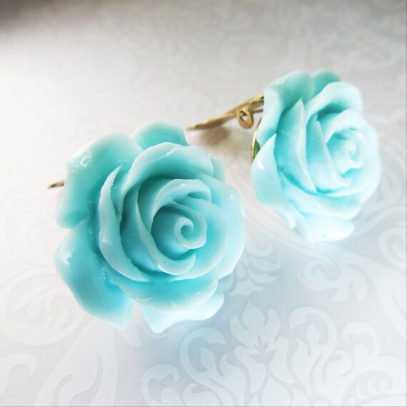 Vintage style Rose clip on earrings for non pierced ears, large & blue; big floral earrings for women; Flower shaped Christmas gifts for her
