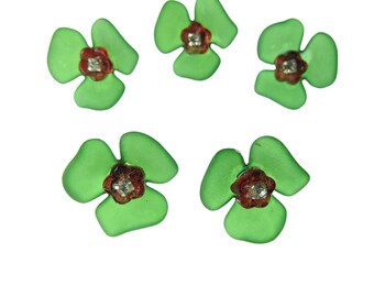 Cute Flower-Shaped Jewel Buttons - Green & Red, 25 mm, Set of 5 - Enhance Dresses, Cardigans or Crafts with Elegance