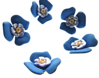 Decorative blue floral buttons, for sewing, crafts,  and jewelry making. Lot of 3, 1 inch, 25 mm. To sew on fancy hats, shirts, bracelets