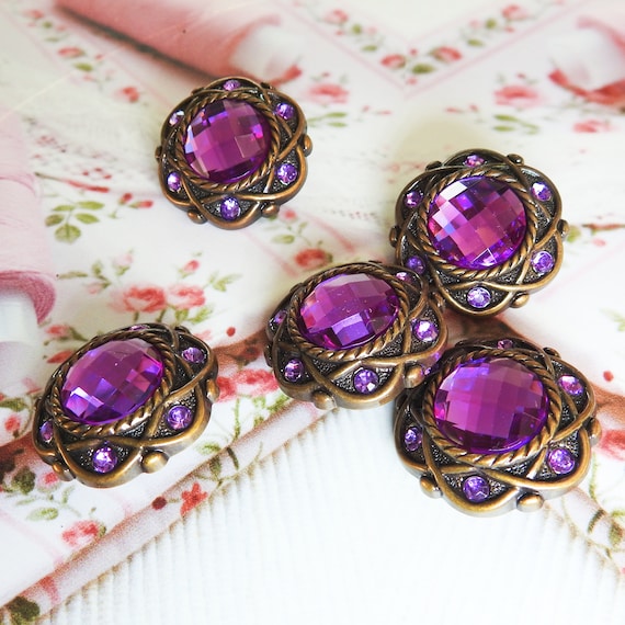 Dark purple buttons, 5 decorative buttons for sewing , chunky large rhinestone buttons for clothing, round shank buttons 30 mm