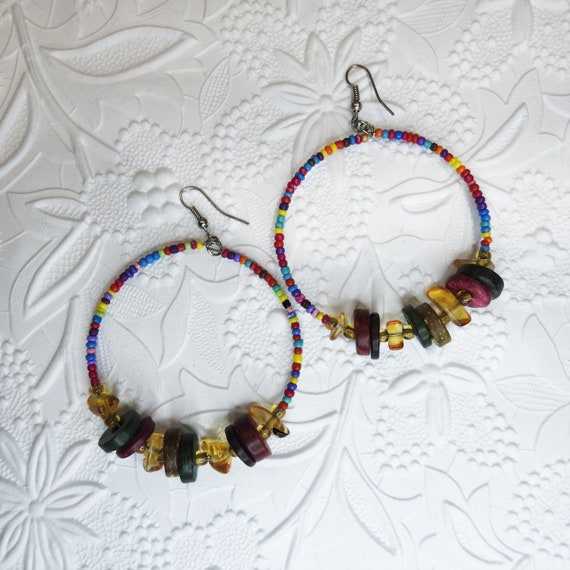 Boho-chic style large hoop earrings beaded