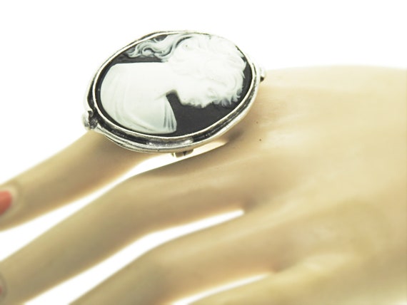 Black and white silver cameo ring for women