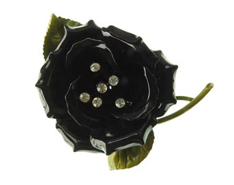 Black antique rose pin brooch. Rare and large vintage enamel flower broach. Timeless Birthday gift for wife, sister, mother or friend