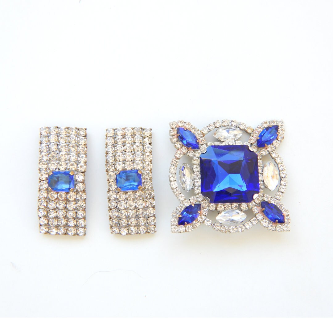 Royal Blue Czech Rhinestone Jewelry Set With Glass Brooch and Clip-on ...