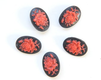 Black Red Flower Buttons cameo | Vintage inspired, Goth Glam Romantic sewing accessories for clothing | 25 mm, with a shank, set of 5 (Five)