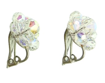 Vintage Clip-On Earrings with Faceted Shimmering Clear Crystal Beads. Perfect Retro Gift for Mom, Sister. Unique Flower Design