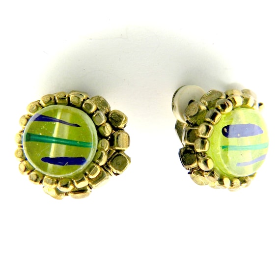 Green round button clips earrings for women.