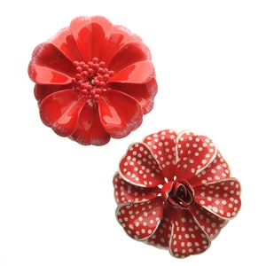 Red vintage enameled flower brooches lot for women | Set of two antique enamel floral pins | Retro 50s 60s  Old Hollywood Glam style