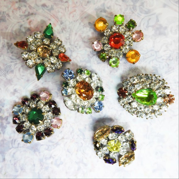 Fancy glass buttons lot with colored bright and Scintillating Czech crystal stones for colorful vintage sewing, knitting or decorative art