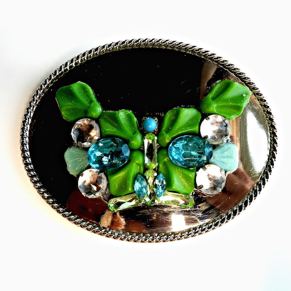 BELT BUCKLE rhinestone BUTTERFLY blue boho chic women embellished rhinestone adornment western belt buckles for her accessory statement
