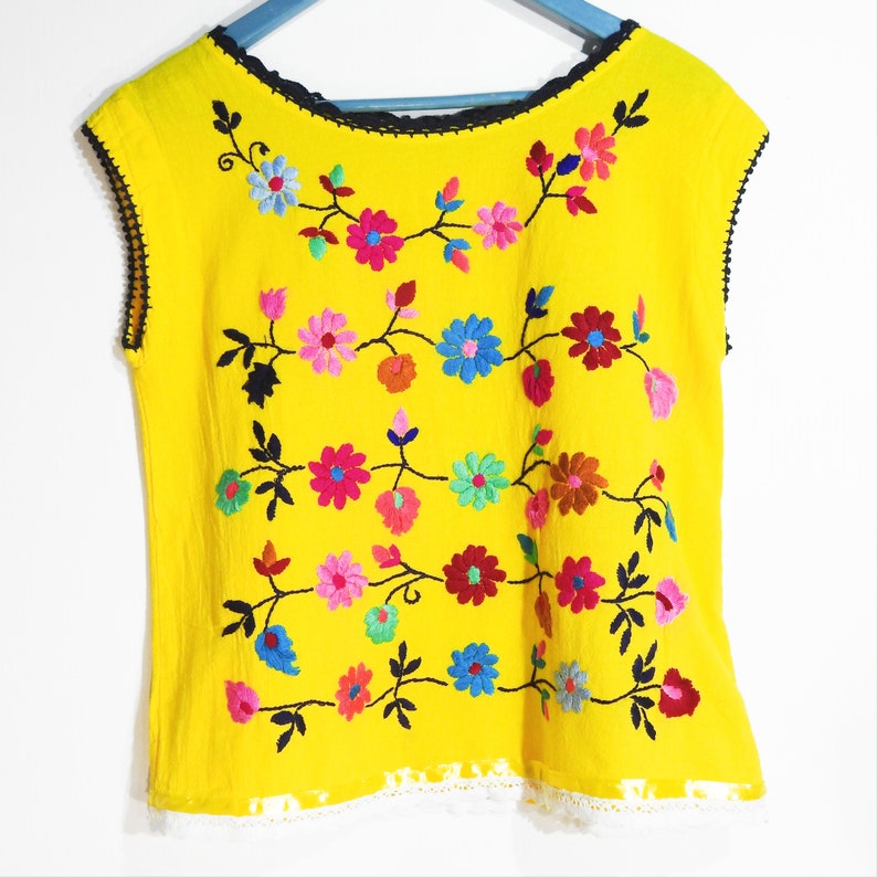 Yellow Mexican Peasant Blouse Hand Embroidered Top Colors Vintage Style Tunic