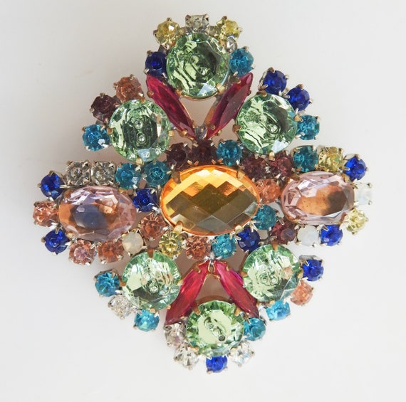 Blue-green and pink rhinestone brooch pin