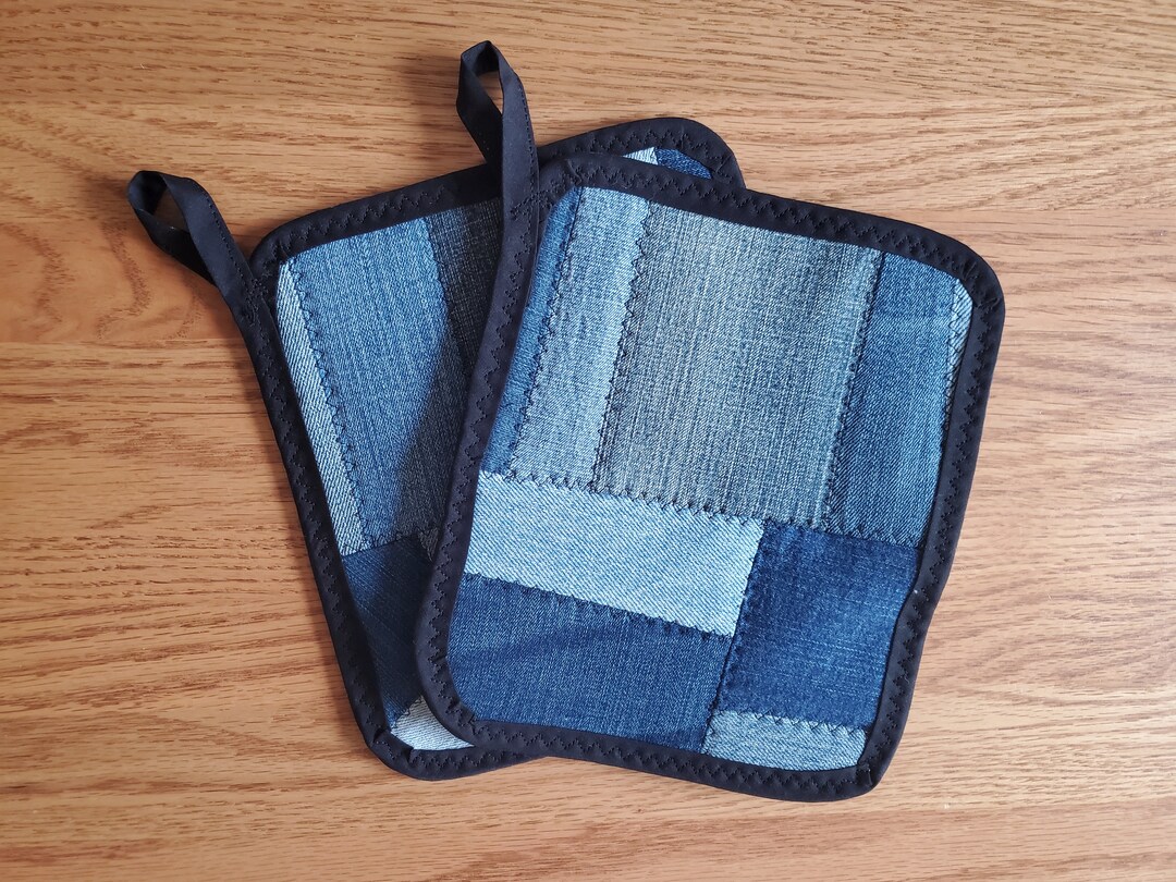 Set of 2 Denim Potholders With Hanging Loop Handmade Blue Etsy