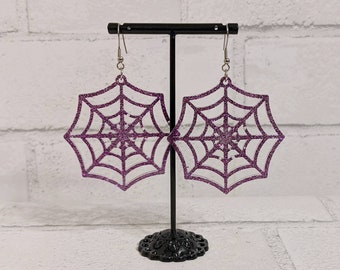 Purple Glitter Spiderweb Earrings