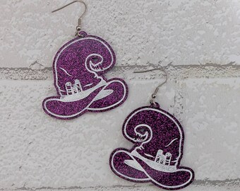 Purple Glitter Witch Hat Earrings