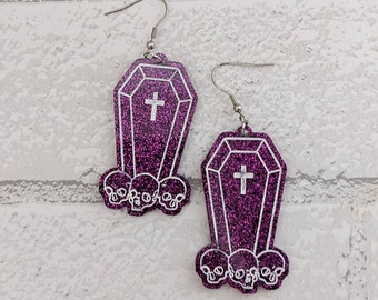 Purple Glitter Coffin Earrings