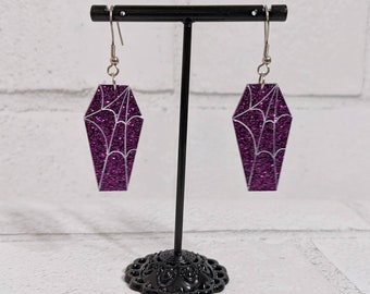 Spooky Spiderweb Coffin Earrings - Purple Glitter