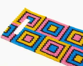 Even Count Peyote Bracelet Pattern, Retro Inspired Cuff Bracelet Pattern, Geometric Squares, Built In Toggle Clasp, 4 Colors Delica Beads