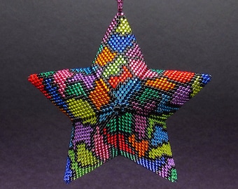Silver Lined Rainbow Camo Stained Glass Abstract 3D Peyote Star Beading Pattern, 18 Rows, Beaded Star Ornament Pattern, Geometric Star PDF