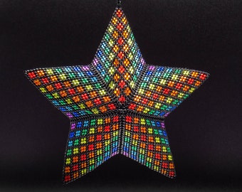 3D Beading Pattern, Bright Rainbow Stripes Beaded, Three Dimensional Puffy Star Ornament Pattern, 22 Rows, 8 Colors