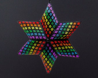 3D Peyote ster kralenpatroon, kralenornamentpatroon, dimensionaal regenboogsterpatroon, asymmetrisch kromgetrokken vierkant peyotepatroon 19 rijen