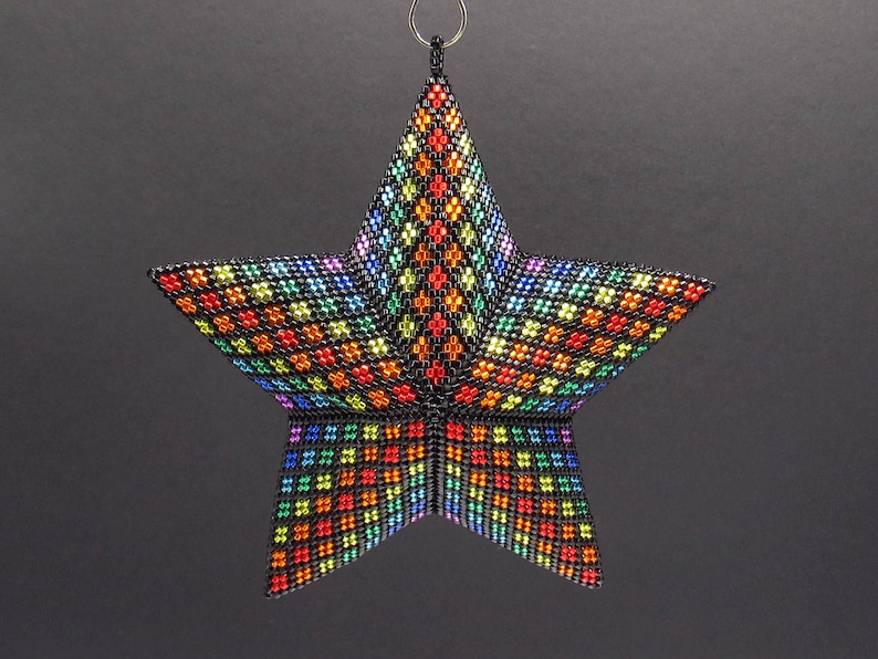 3D Beading Pattern, Bright Rainbow Stripes Beaded, Three Dimensional Puffy Star Ornament Pattern, 22 Rows, 8 Colors image 9