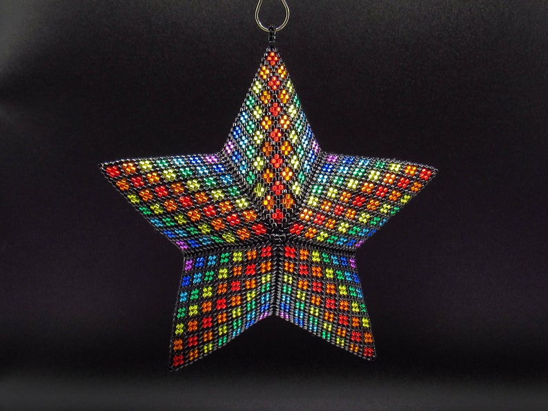 3D Beading Pattern, Bright Rainbow Stripes Beaded, Three Dimensional Puffy Star Ornament Pattern, 22 Rows, 8 Colors image 1