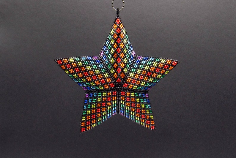 3D Beading Pattern, Bright Rainbow Stripes Beaded, Three Dimensional Puffy Star Ornament Pattern, 22 Rows, 8 Colors image 3