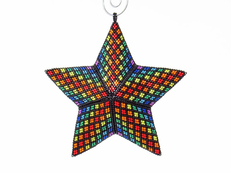 3D Beading Pattern, Bright Rainbow Stripes Beaded, Three Dimensional Puffy Star Ornament Pattern, 22 Rows, 8 Colors image 2