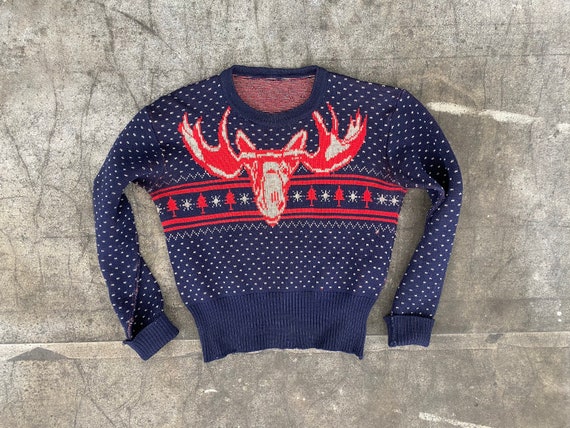 Vintage 40s Moose Sweater / 1940s Novelty Winter W
