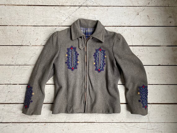 Vintage 40s Wool Jacket / 1940s Embroidered Puff S