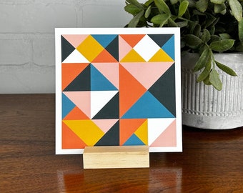 How Many Triangles? - Mid Century Inspired Mini Print with Wood Block