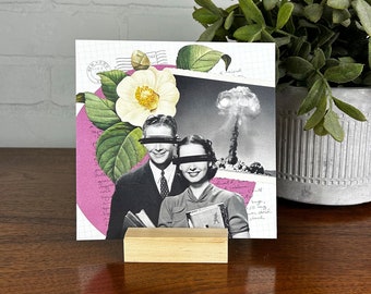 High School Sweethearts - Original Collage Mini Print with Wood Block