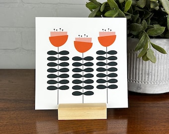 Mod Flowers - Mid Century Inspired Mini Print with Wood Block